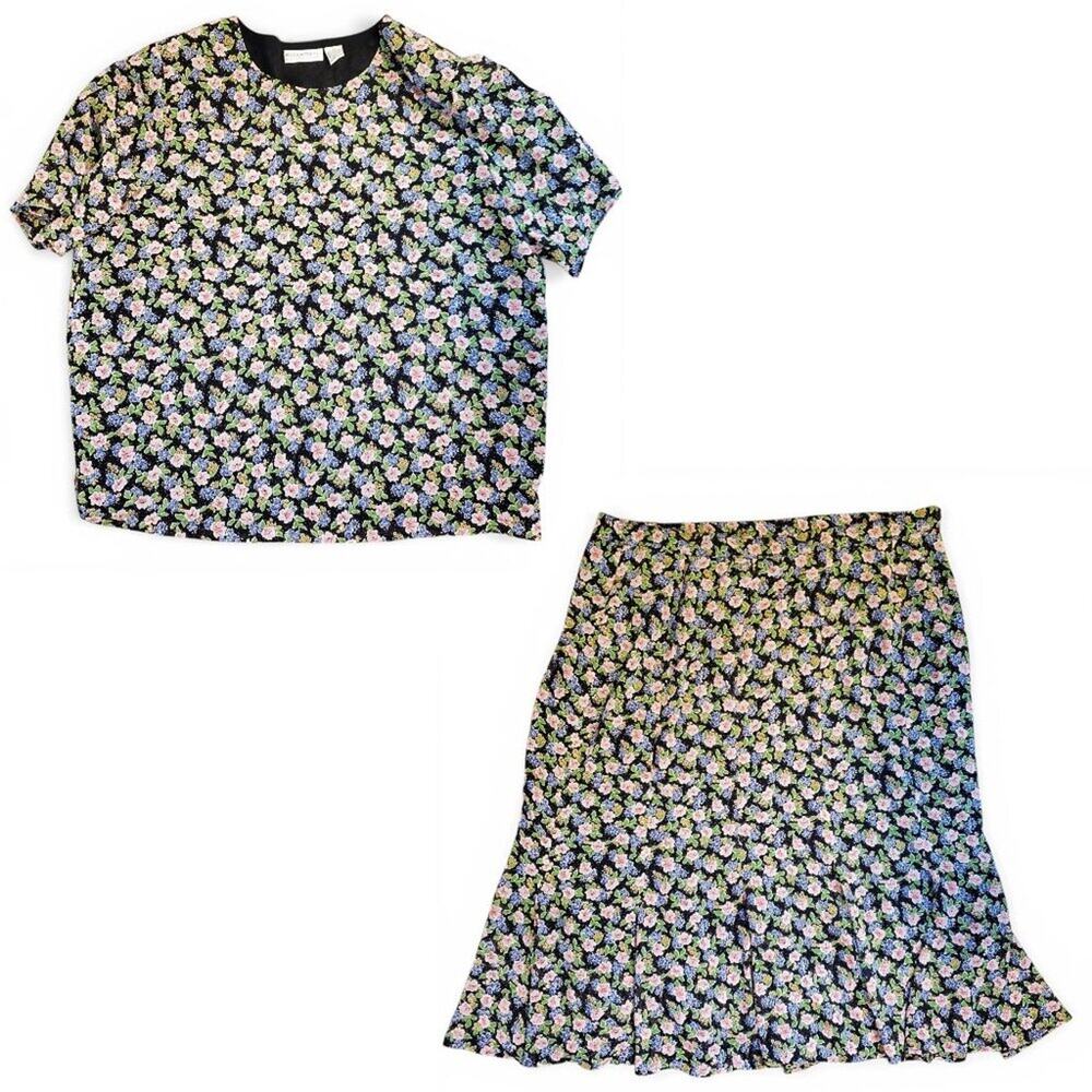 Vintage 90s Pink Purple Floral Matching Blouse Skirt Set Women's Size 20